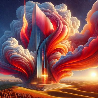 The primary subject of the image is a large, futuristic building with a tall, pointed structure. The building is situated in a desert-like environment, with a cloudy sky serving as the backdrop. The visual style of the image is digital art, as it appears to be a painting or drawing created using digital tools. The colors and mood of the image are predominantly red and orange, giving it a warm and vibrant atmosphere.